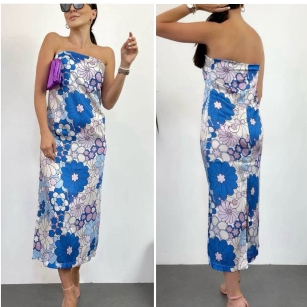 Zara blue purple floral flower print hippie strapless midi dress 70s 80s NWT